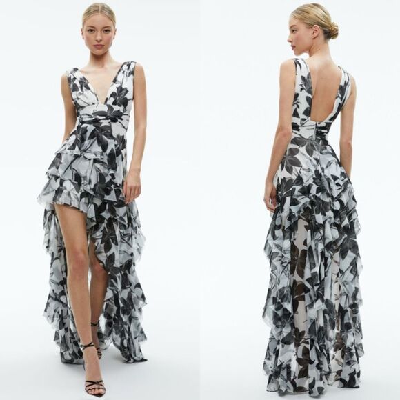 NWT ALICE + OLIVIA HOLLY LOW NECK ASYMMETRIC RUFFLED MAXI DRESS SIZE 4 $795 - Picture 1 of 9